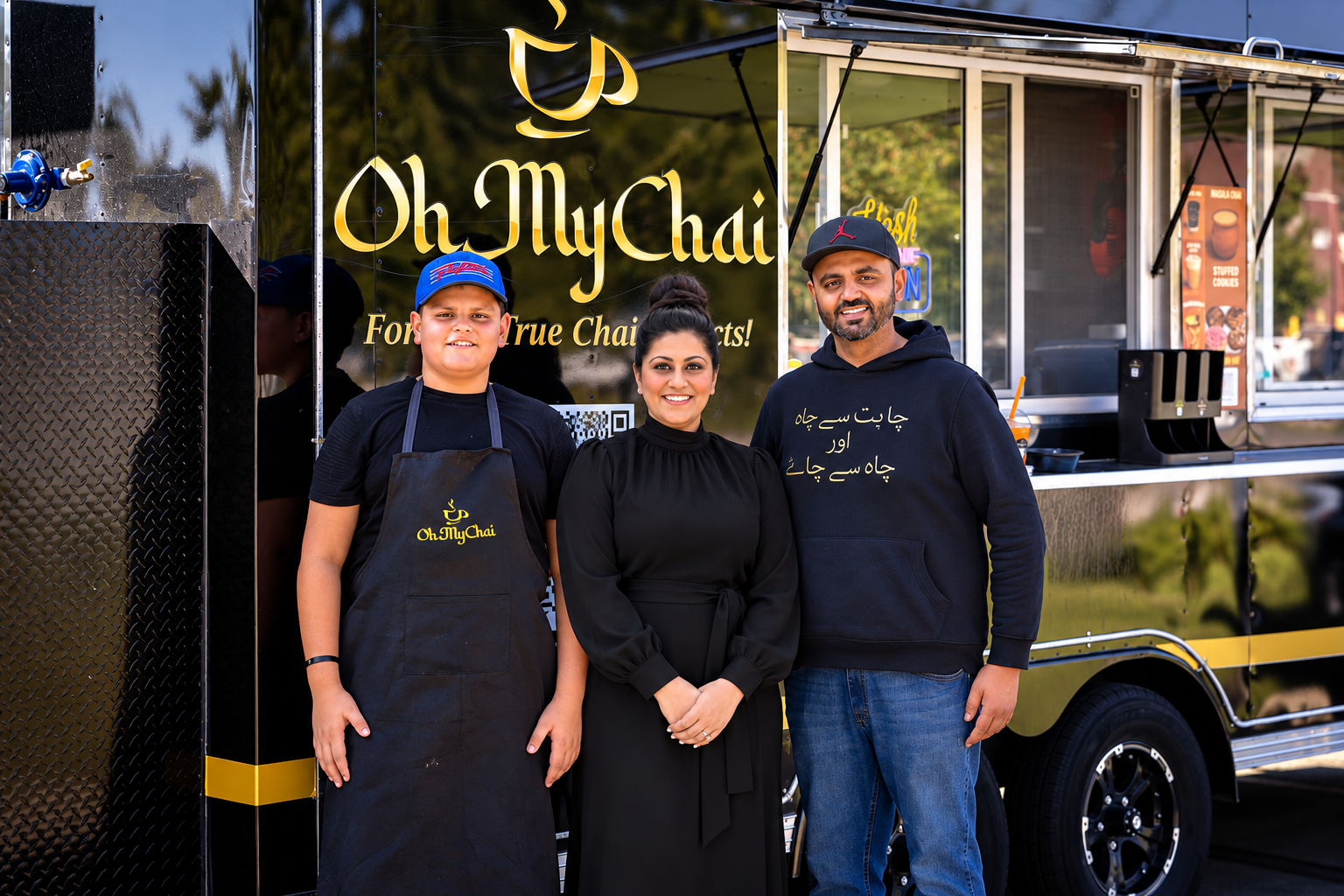 The Oh My Chai team standing in front of the black and gold food truck