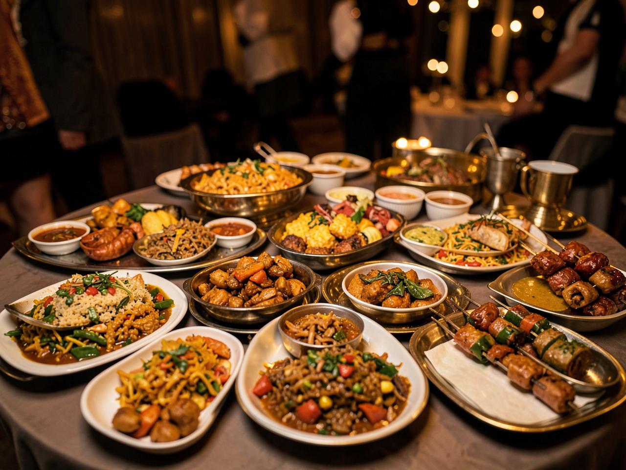 A catered spread of Oh My Chai South Asian fusion dishes on brass platters at an evening event